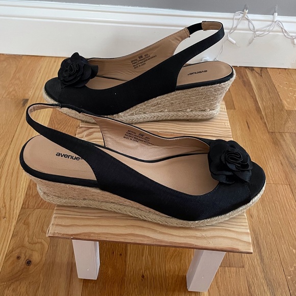 Black Satin Open Toed Wedges - Picture 5 of 7